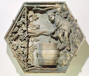 A Embriaguez de Noé, azulejo de relevo decorativo hexagonal de uma série que ilustra episódios de Gênesis, possivelmente baseado em desenhos de Giotto (c.1266-1337) c.1334-48 (mármore)